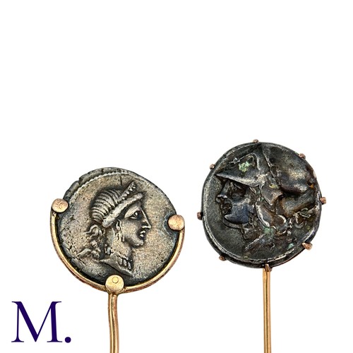 A Pair Of Roman Coin Stick Pins In Yellow Gold, One Set With A Silver 