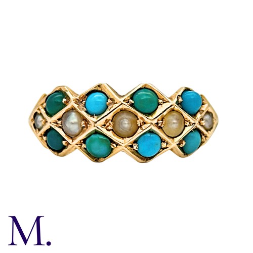 2 - A Turquoise And Pearl Ring in 15k yellow gold, set with two rows of cabochon turquoise accented by a... 