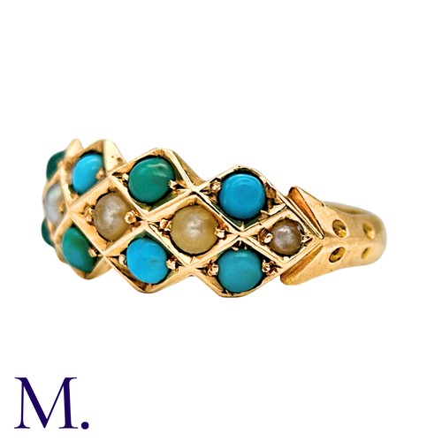 2 - A Turquoise And Pearl Ring in 15k yellow gold, set with two rows of cabochon turquoise accented by a... 