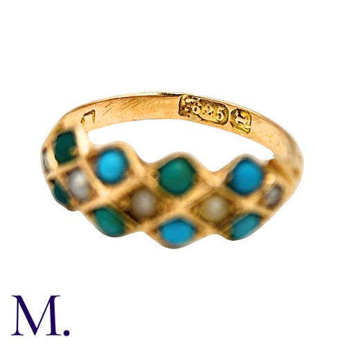 2 - A Turquoise And Pearl Ring in 15k yellow gold, set with two rows of cabochon turquoise accented by a... 