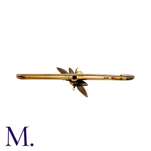 200 - An Insect Bar Brooch in 15K yellow gold, depicting a winged insect with natural pearl and old cut di... 