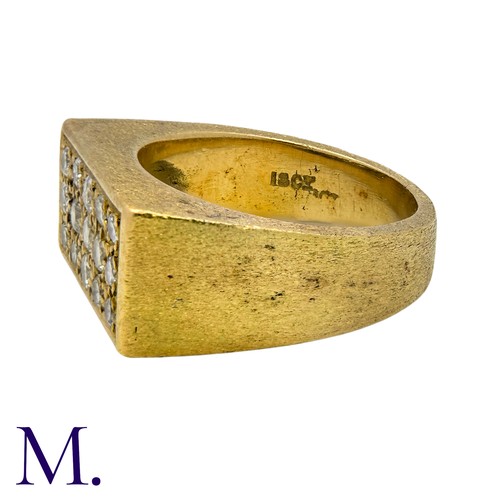231 - A Diamond-Set Signet Ring in 18K yellow gold, with textured, matt-finish band, set with three rows o... 