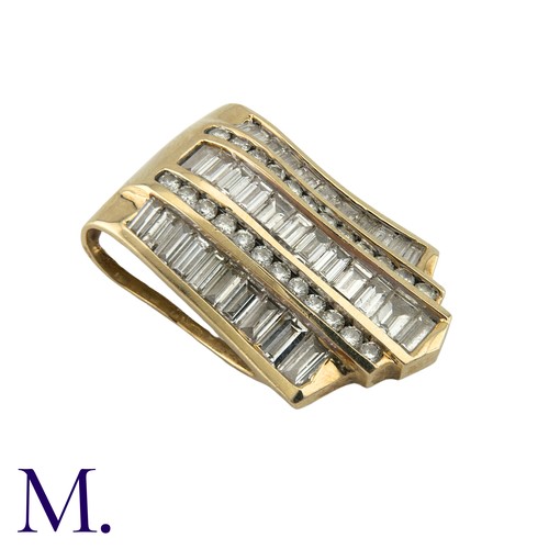 213 - A Diamond Pendant in 14k yellow gold, set with three rows of baguette cut diamonds and two rows of r... 