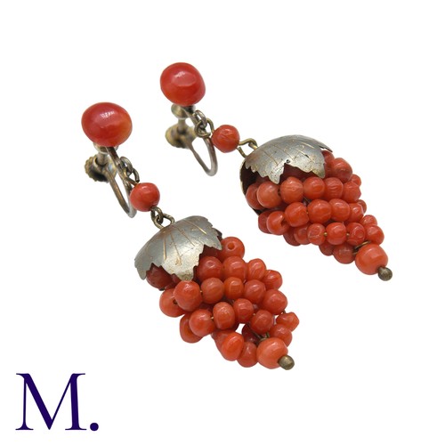 187 - A Pair of Antique Coral Drop Earrings, set with coral beads in grape bunches form.

Size: 4.5cm
Weig... 