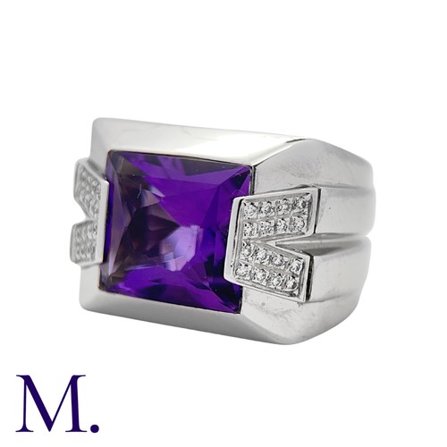 158 - VERSACE. An Amethyst and Diamond Ring in 18K white gold, set with a large fancy faceted-rectangular ... 