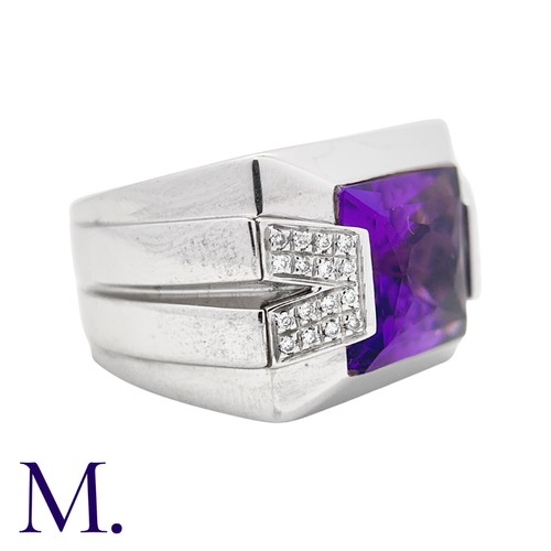 158 - VERSACE. An Amethyst and Diamond Ring in 18K white gold, set with a large fancy faceted-rectangular ... 