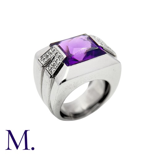 158 - VERSACE. An Amethyst and Diamond Ring in 18K white gold, set with a large fancy faceted-rectangular ... 