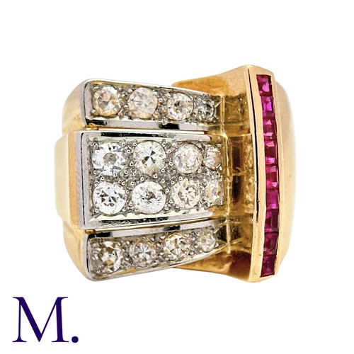 233 - A Ruby & Diamond Retro Ring in 18K yellow gold, set with 16 old and transitional cut diamonds and ca... 