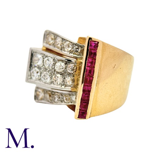 233 - A Ruby & Diamond Retro Ring in 18K yellow gold, set with 16 old and transitional cut diamonds and ca... 