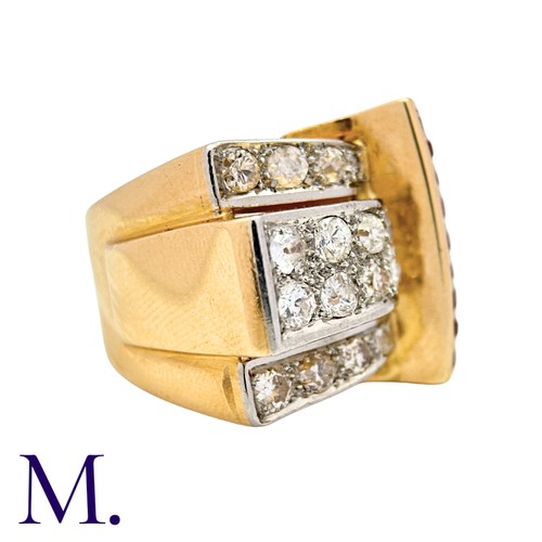 233 - A Ruby & Diamond Retro Ring in 18K yellow gold, set with 16 old and transitional cut diamonds and ca... 