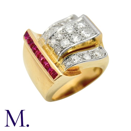 233 - A Ruby & Diamond Retro Ring in 18K yellow gold, set with 16 old and transitional cut diamonds and ca... 