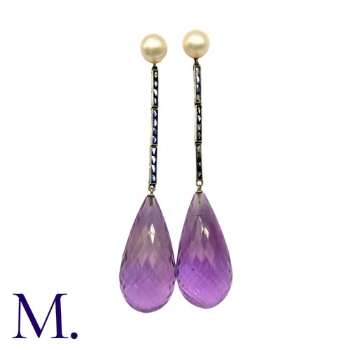 215 - A Pair of Amethyst, Sapphire and Pearl Earrings in 18K gold, set with a large faceted amethyst briol... 