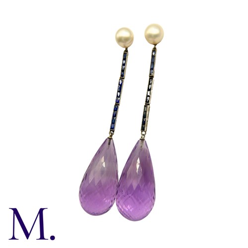 215 - A Pair of Amethyst, Sapphire and Pearl Earrings in 18K gold, set with a large faceted amethyst briol... 
