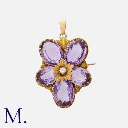 40 - A Large Antique Amethyst and Diamond Pendant Brooch in yellow gold, of floral design, set centrally ... 