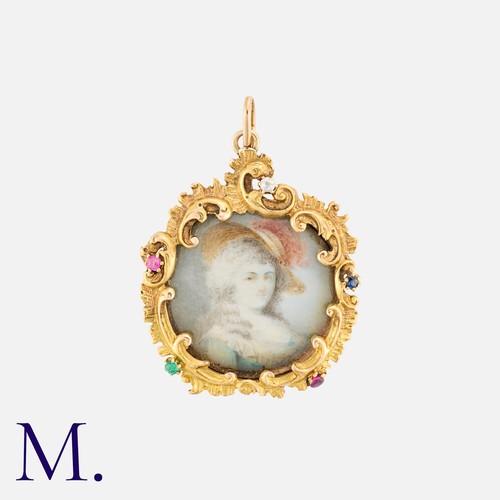 161 - An Antique Miniature Brooch in yellow gold, the central enamel miniature within a scrolling mount se... 