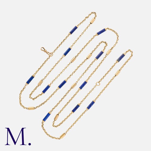 63 - A Lapis Lazuli Sautoir Necklace in 9k yellow gold, comprising a series of interlocking belcher links... 