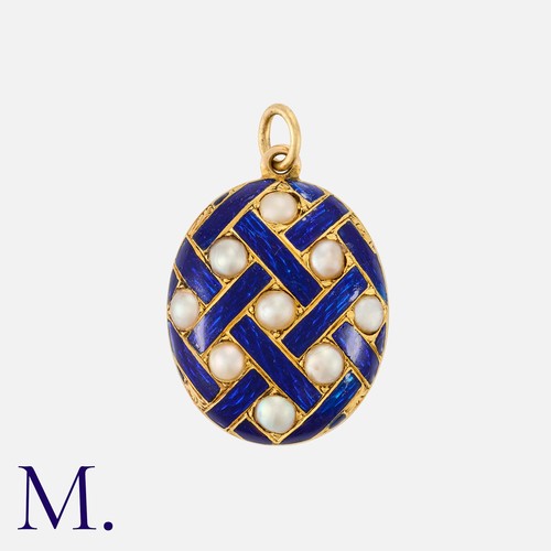 117 - A Pearl And Enamel Locket Pendant in yellow gold, the front with cross-hatched enamelling detail pun... 