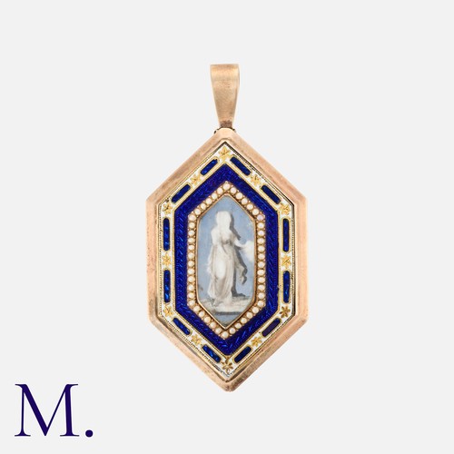 89 - A Pearl Enamel And Hairwork Locket Pendant in yellow gold, the elongated hexagonal form set centrall... 