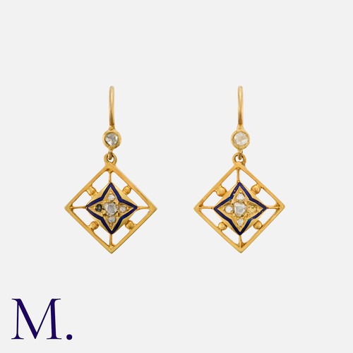 159 - A Pair of Antique Enamel and Diamond Earrings in yellow gold, each comprising a rose cut diamond top... 