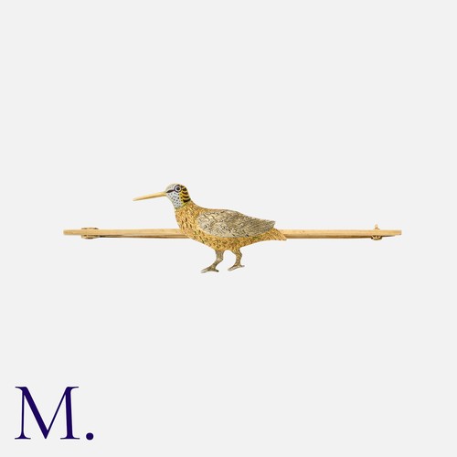 160 - An Antique Enamel Bird Stick Pin in 15k yellow gold, comprising a three colour gold bird on a bar, w... 