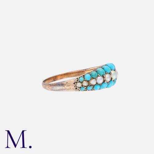 1 - An Antique Turquoise And Pearl Ring in yellow gold, comprising a central row of round pearls, flanke... 