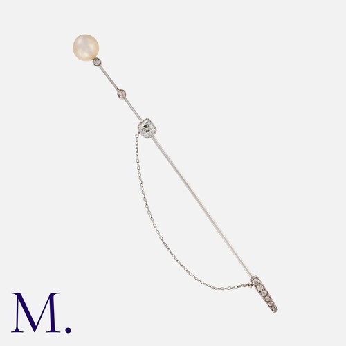 134 - A Natural Saltwater Pearl And Old Cut Diamond Stick Pin, Set with a principal old cut diamond of app... 