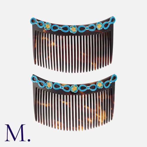 190 - Child & Child, A Pair Of Antique Tortoiseshell Haircombs, with blue and yellow guilloché enamel deco... 