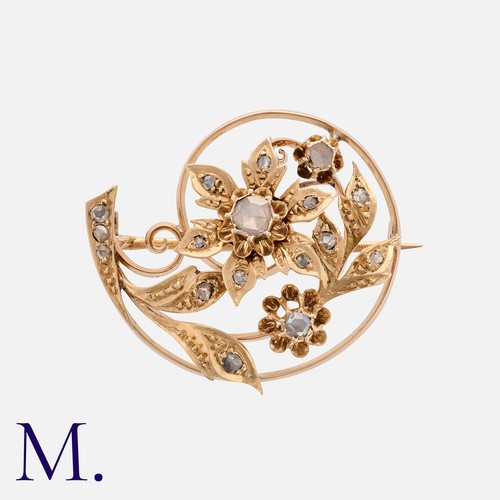 114 - An Antique Rose Cut Diamond Floral Brooch in 14k yellow gold, the floral design set with rose cut di... 