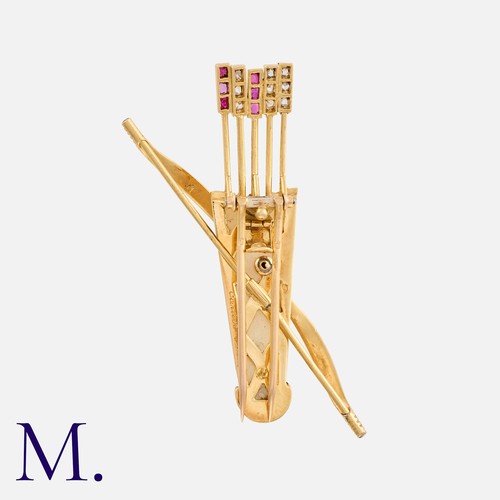 87 - CARTIER. A Bow and Arrow Brooch in chalcedony, diamond and ruby in the form of a bow, arrow and quiv... 