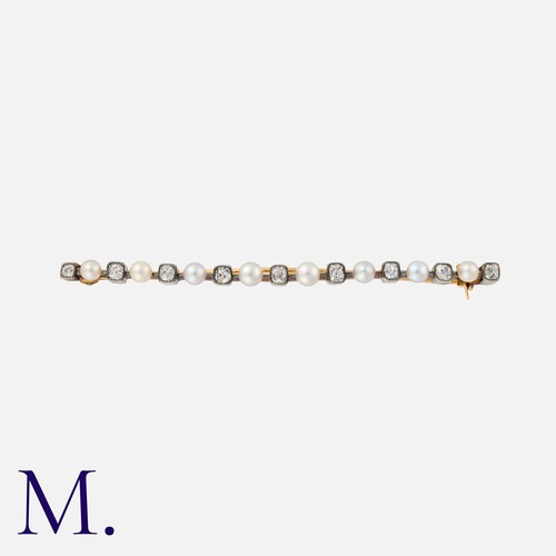 113 - An Antique Pearl And Old Cut Diamond Bar Brooch in yellow gold and silver, set with a row of alterna... 