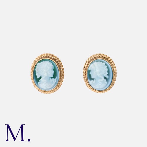 186 - A Pair of Cameo Earrings in 9K yellow gold. Each set with a carved hardstone cameo.  Hallmarks for 9... 