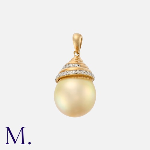 213 - A Pearl and Diamond Drop Pendant in 9K yellow gold, set with a cultured golden-hued pearl and a diam... 