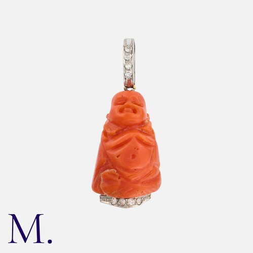 231 - A Carved Coral and Diamond Pendant, in the form of a seated Buddha, with diamond bale and surmount. ... 