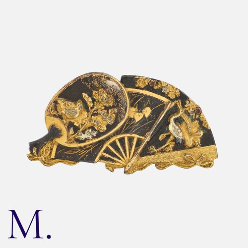 240 - An Antique Shakudo Fan Brooch with open and closed fans, each with naturalistic depictions.

Size: 4... 