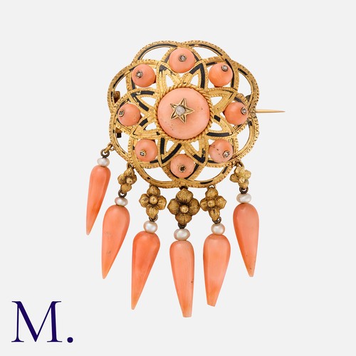 236 - An Antique Coral Brooch in yellow gold, with diamond-set angel-skin coral elements and angel-skin co... 