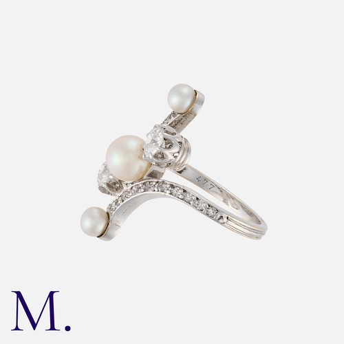 56 - An Art Nouveau Natural Pearl And Diamond Ring in 18k white gold, comprising three natural pearls, tw... 