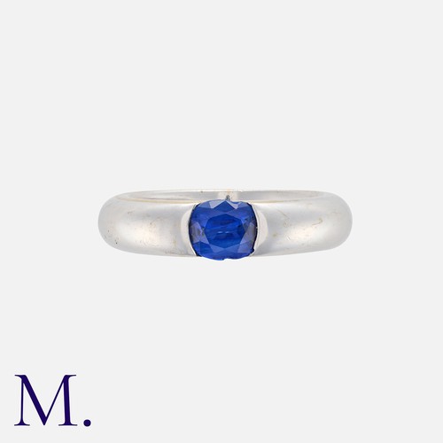 17 - A Sapphire Gypsy Ring in 18k white gold set with an oval cut sapphire. Makers Mark KS. Stamped 750 f... 