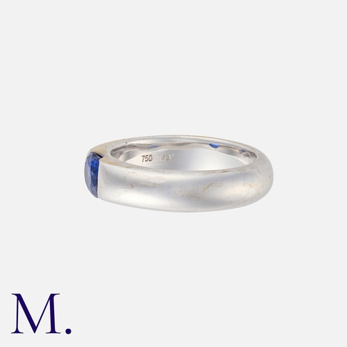 17 - A Sapphire Gypsy Ring in 18k white gold set with an oval cut sapphire. Makers Mark KS. Stamped 750 f... 