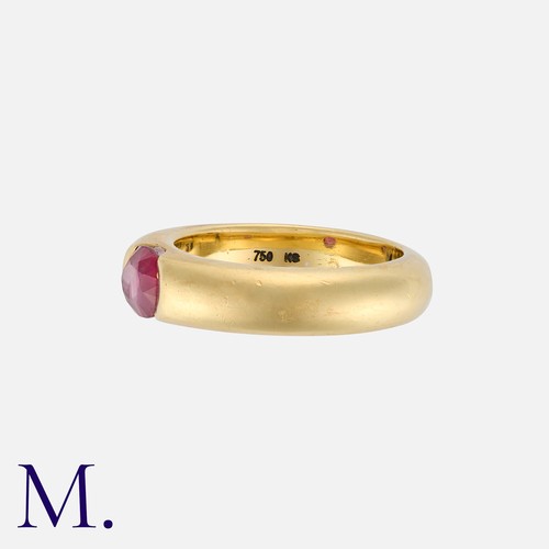 73 - A Ruby Gypsy Ring in 18k yellow gold set with an oval cut ruby. Makers Mark KS. Stamped 750 for 18 c... 