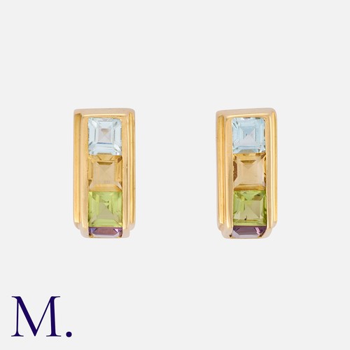 6 - A Pair Of Gemset Earrings in yellow gold, set with square cut aquamarine, citrine, peridot and ameth... 