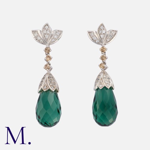 216 - A Pair of Diamond and Tourmaline Earrings in 18K white gold, set with green tourmaline briolettes an... 