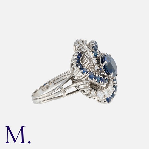 116 - A Sapphire And Diamond Cocktail Ring in white gold, set with a central round cut sapphire of approxi... 