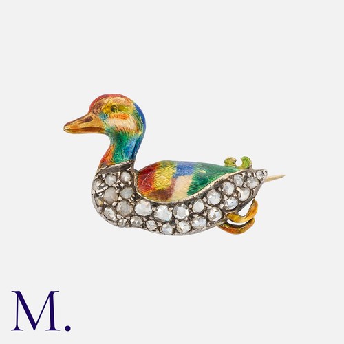 124 - An Antique Diamond and Enamel Duck Brooch in yellow gold and silver, set with rose cut diamonds and ... 