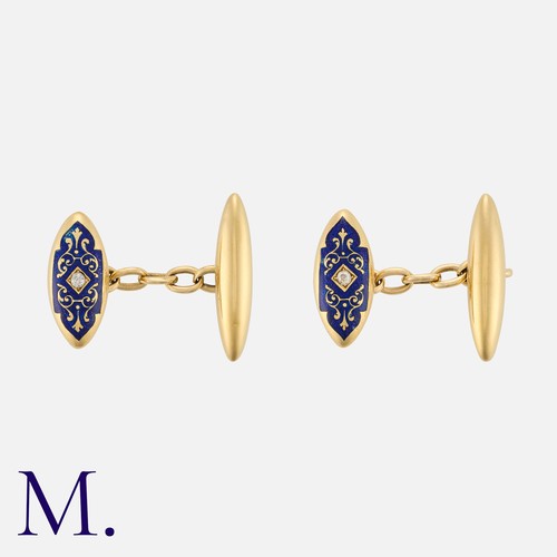 87 - A Pair Of Enamel And Diamond Cufflinks in 18k yellow gold, with ornate enamelled decoration, each se... 