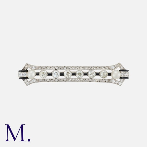 124 - A Fine Art Deco Natural Pearl And Diamond Brooch in platinum??XX, comprising a row of six bezel set ... 