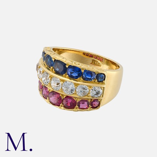 72 - A Ruby, Sapphire And Diamond Ring in 18k yellow gold, comprising a row of sapphires, rubies and old ... 