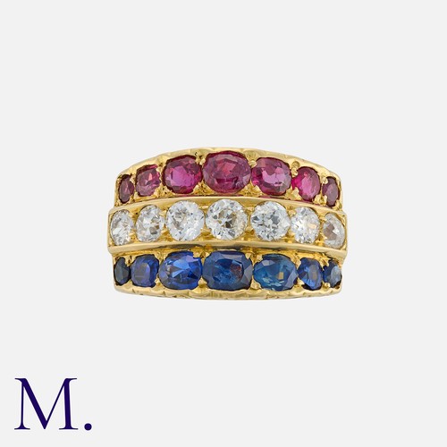 72 - A Ruby, Sapphire And Diamond Ring in 18k yellow gold, comprising a row of sapphires, rubies and old ... 