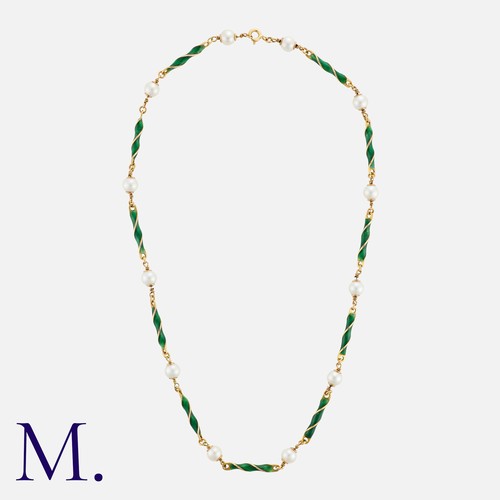 152 - A Pearl And Enamel Necklace in 18k yellow gold, comprising a series of alternating twisted green ena... 