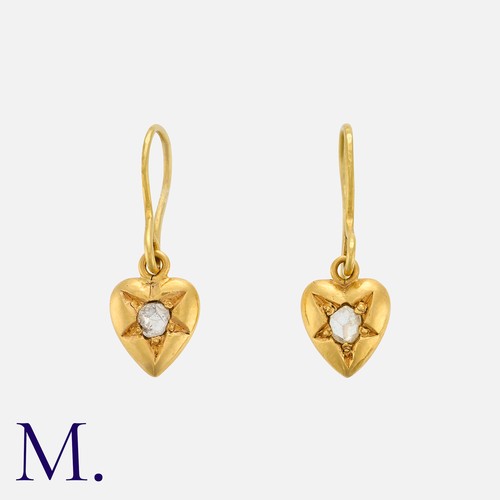 128 - An Antique Pair Of Rose Cut Diamond Earrings in yellow gold, each of heart design, set with rose cut... 