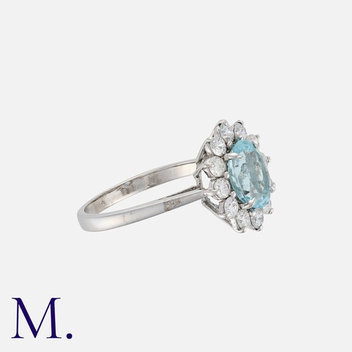155 - An Aquamarine And Diamond Ring in platinum, set with a central oval cut aquamarine within a border o... 